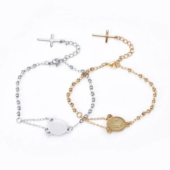 Rosary Mary Medallion Cross Bracelet, Gold or Silver Rosary Bracelet - Picture 1 of 7